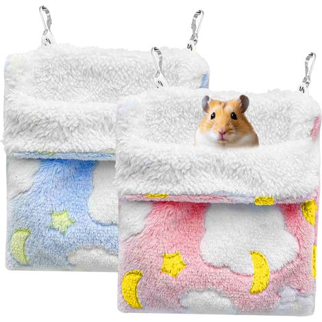 2 Pièce Hamacs pour Petits Animaux en Peluche, Suspendu Hamac pour Hamster Cochon d'Inde Chinchilla et Furet, Doux et Chaud, Étoile Lune, 18x20cm (Bleu,Rose) (1/5)