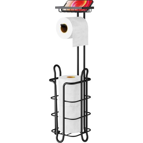 Porte-papier toilette sur pied, avec étagère, noir, à 4 pieds surélevés pour le rangement dans la salle de bain. (1/5)