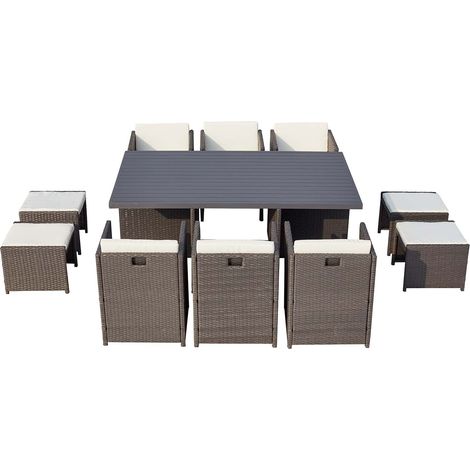 Table et chaise 10 places encastrables alu résine gris-blanc SUNSET