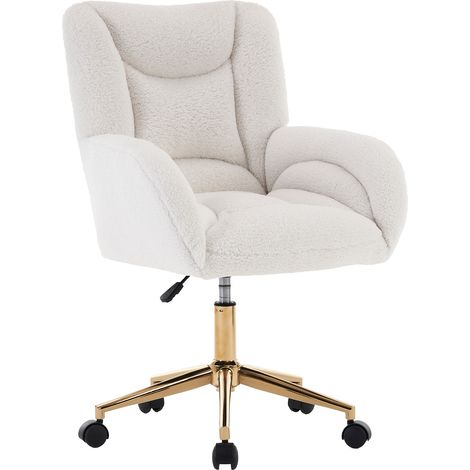 Chaise de bureau pivotante en tissu Teddy blanc avec pieds métalliques dorés, hauteur réglable (1/5)