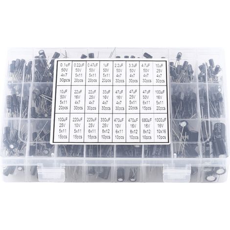 Kit de 500 condensateurs électrolytiques aluminium assortis, 24 valeurs de 0.1µF à 1000µF, tension 10V à 50V pour projets électroniques. (1/5)
