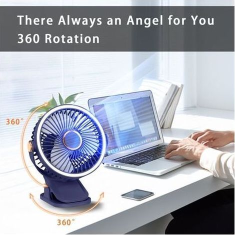 720° verstellbarer, wiederaufladbarer tragbarer Ventilator mit LED-Licht, kleiner, USB-betriebener persönlicher Ventilator, Blau (1/5)