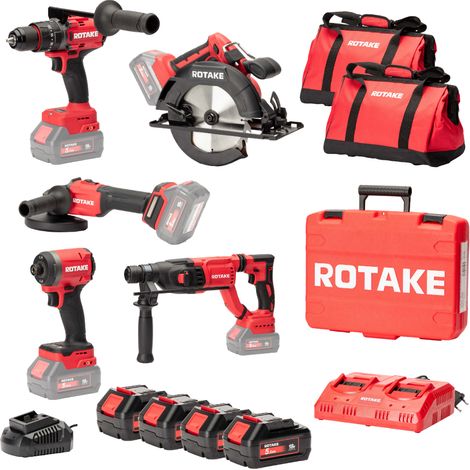 Ensemble de 5 machines ROTAKE 18V - Perceuse visseuse à percussion D2H-50D + Meuleuse G1-125 + PERFORATEUR 8902 + Scie circulaire 8303 + Visseuse à chocs S1 - ROTAKE - avec 4 batteries 18V 5Ah + charg