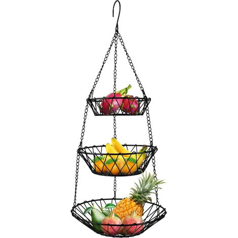 1 Panier suspendu 3 niveaux, crochet suspension, métal creux noir, rangement fruits légumes, cuisine salle de bain (1/5)