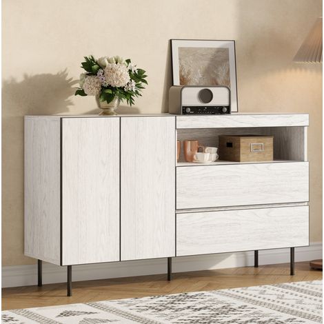 REDOM - Buffet 140x42x77 cm, portes et tiroirs sans poignées, étagères ouvertes, plateau renforcé, panneau de particules blanc (1/5)