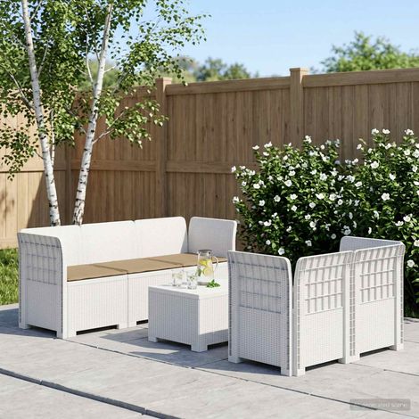vidaXL Canapé de Jardin 5 Places avec Coussins Aspect Rotin PP Blanc (1/5)