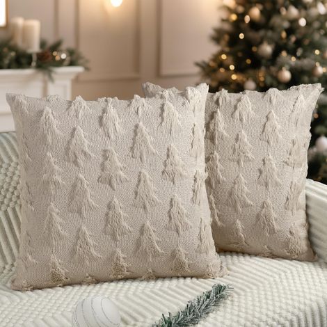 Lot de 2 housses de coussin 50 x 50 cm Beige Sapin de Noël En fausse fourrure Pour l'hiver, les vacances, la maison, le canapé (1/5)