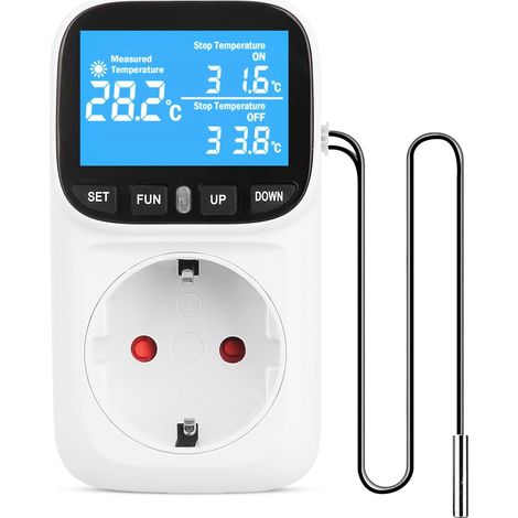 Thermostat Prise Numérique 230V avec Sonde, Contrôleur de Température Chauffage Refroidissement, Minuterie et Alarme Température pour Serre Aquarium Terrarium Reptiles
