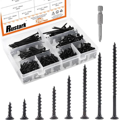 390 pièces Vis à bois à filetage épais pour cloison sèche avec clé Phillips Noir Oxyde Kit d'assortiment de vis à bois pour cloisons sèches (1/5)