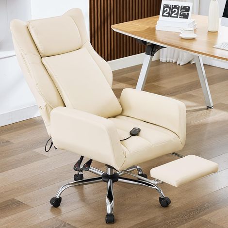 Ergonomischer Bürostuhl mit klappbaren Armlehnen, Chefsessel mit Massagefunktion und ausziehbarer Fußstütze, für Homeoffice und Gaming (beige)