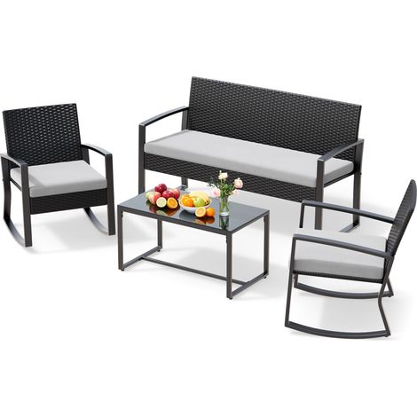 Conjunto de Muebles de Jardín para 4 Personas con Tejido de Ratán Bealife Salón en PE con Cojines Silla Doble 2 Sillas Individuales y 1 Mesa de Cristal para Patios Exteriores Gris (1/5)