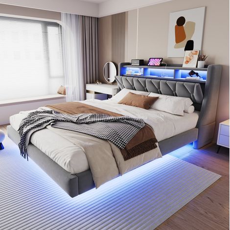 Bett gepolstert 180x200 cm in Grau, klappbares Kopfteil mit USB und LED (1/5)