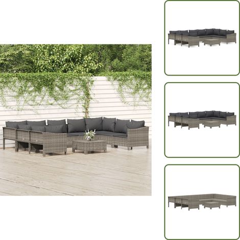 The Living Store Set Divani da Giardino 10 pz con Cuscini in Polyrattan Grigio - Divano in rattan