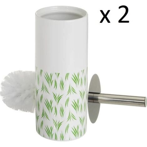 Lot de 2 brosse de toilette WC avec support,porte brosse WC en céramique avec motif de feuilles vertes-Diamètre 10 x Hauteur 32 cm (1/4)
