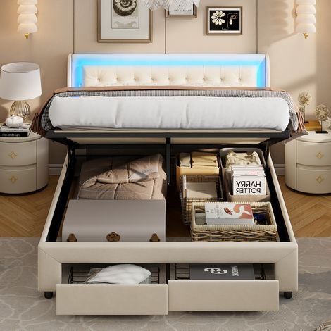 Lit coffre 160x200 cm avec LED et 2 tiroirs, lit 160x200 cm avec sommier à lattes, lit double 160x200 cm, velours, beige (1/5)