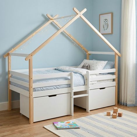 Lit cabane enfant 90 x 190 cm bois de pin blanc sommier à lattes inclus et 2 tiroirs - Sienna