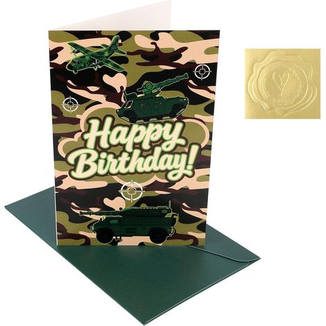 Cartes d'Anniversaire sur le Thème du Camouflage, Carte Vœux d'Anniversaire Imprimée Camouflage avec Enveloppe et Autocollant pour Femmes et Hommes Cadeau de Félicitations Décoration de Fête (1/5)