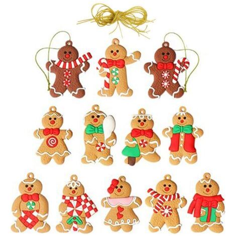 Douze décorations de Noël en forme de bonhomme en pain d'épice avec rubans cadeaux (1/2)