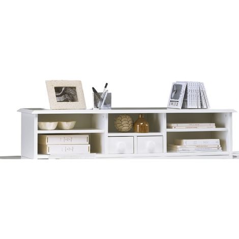 Beaux Meubles Pas Chers – Surmeuble pour bureau blanc – Largeur 108 cm – Hauteur 25 cm – 2 tiroirs et 5 niches – Structure MDF teinté blanc (1/4)