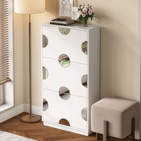 Meuble à chaussures, 3 abattants Armoire à chaussures, miroir rond, grand espace de rangement, blanc, moderne, unique, entrée (1/5)