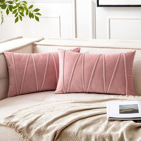 Lot de 2 Housse de Coussin, 30x50cm Decoratifs pour Canapes, en Velours Moelleux, avec Rayures Décoratives,Rose (1/4)