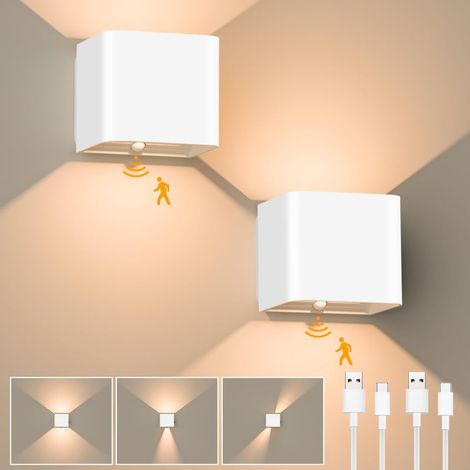 Indoor Wall Lights, 2 Pack Motion Sensor Wall Lights, Rechargeable LED Wall Lamp, Wireless Wall Light with 3000K Warm White Light, Adjustable Beam Angle (White) (1/5)