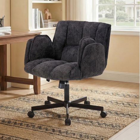 Bürostuhl aus Stoff in Schwarz, verstellbare Lordosenstütze mit Luftkissen, nach außen klappbare Armlehnen, 360° drehbar, 60×68×86 cm (1/5)