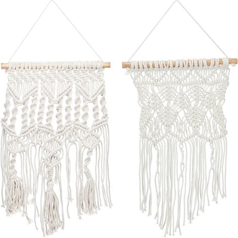 Relaxdays Pack 2 Tapices Macramé Artesanales Pared, Adorno Estilo Bohemio, Diferentes Patrones, Algodón y Madera, Crema