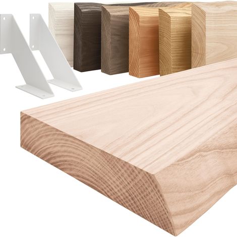 LAMO Manufaktur étagère murale en bois massif, irrégulier, étagère de rangement Vintage, bois brut / équerre blanche 140cm, LW-01-A-001-140VW