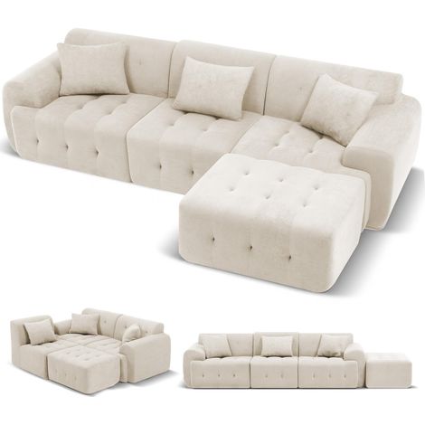 Canapé d'angle modulable convertible 245 cm, forme en L, livré sous vide, avec pouf ottoman - Beige (1/4)