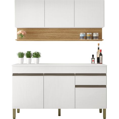 Beaux Meubles Pas Chers – Cuisine équipée 6 portes 1 tiroir imitation chêne et blanc – Largeur 150 cm – Panneaux de particules 15 mm – 5 pieds réglables