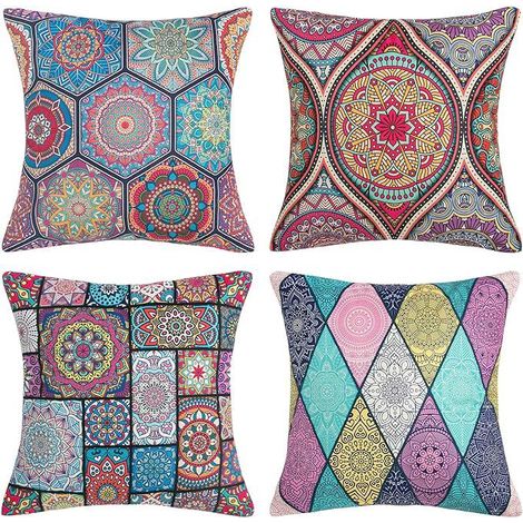 4 Housses de Coussin Décoratives 45x45cm, Taies de Coussins Carrées Style Bohème Mandala Moderne, en Lin et Coton pour Canapé, Lit, Chaise, Voiture, Chambre, Décoration Intérieure (1/5)