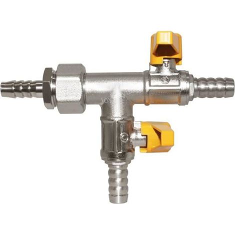 Vanne à bille d'arrêt de gaz 3 voies en cuivre, raccord union T 3/8" barbelé, kit avec accessoires pour tuyaux (1/5)