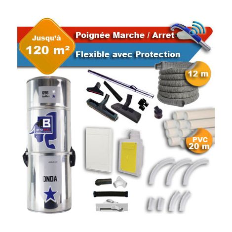Aspiration centralisée sans sac OTTO BULL ONDA 400 INOX garantie 2 ans + flexible rétractable 12 m avec housse de protection + poignée marche/arrêt + 7 accessoires + kit 1 prise RETRAFLEX + kit prise (1/5)