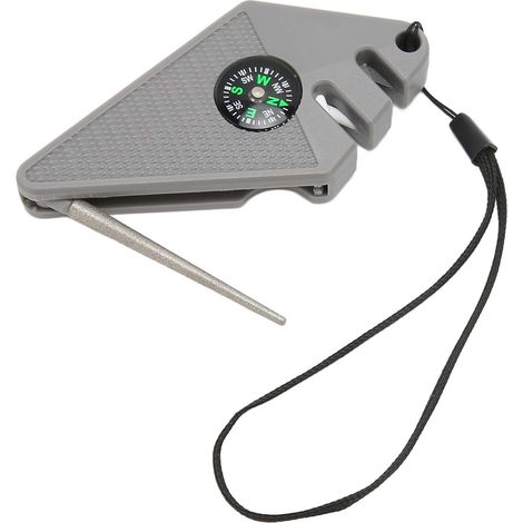 Affûteur de couteaux d'extérieur 6 en 1 (lot de 2) avec boussole, sifflet de survie et outil d'affûtage/polissage d'hameçons, portable et gris. (1/5)