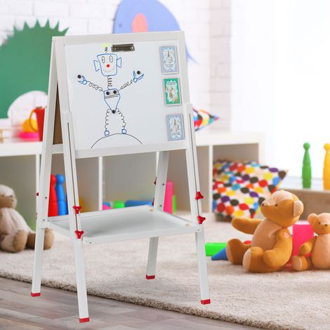 Caballete Pizarra Infantil Relaxdays Regulable En Altura – Doble Cara: Magnética Y Tiza, Con Bandeja Y Clip – Altura 102-135 Cm, Madera, Color Blanco/Verde