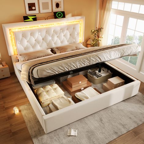 Letto Contenitore 160x200 cm con Rete Rialzabile in Velluto Beige (1/5)
