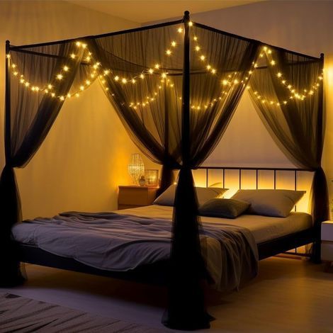 Schwarzes Moskitonetz-Bettbaldachin mit LED-Sternenlichterkette, vier Ecken, elegant – 190×210×240 cm. (1/5)