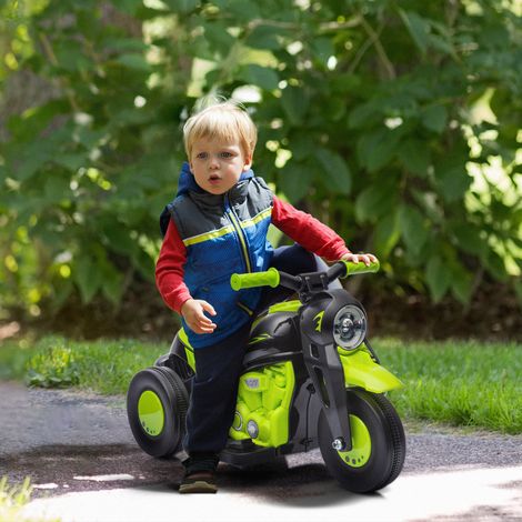 Moto électrique pour enfants de 2 ans et plus avec fonction bulles de savon, phares, musique, vitesse 3 km/h, charge maximale 30 kg, verte (1/5)
