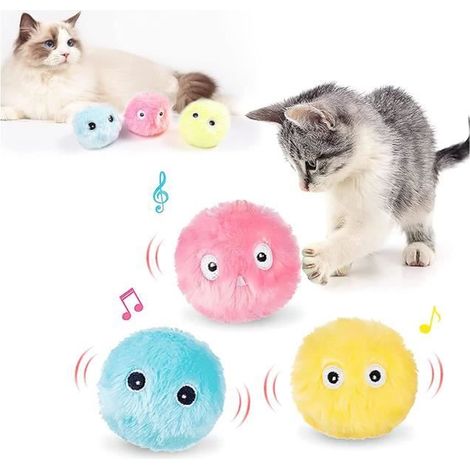 Jouet interactif pour chat - Lot de 3 balles en peluche - Bruit d'animaux - Rechargeable - Couleurs variées (1/4)