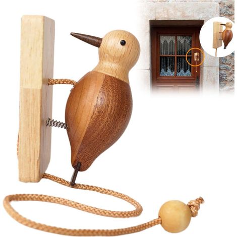 Heurtoir de porte autocollant en bois fait main en forme de pic, sonnette en forme de pic, accessoire anti-stress vintage en forme d'oiseau pour porte de chambre, décoration de style fermier pour la m (1/5)