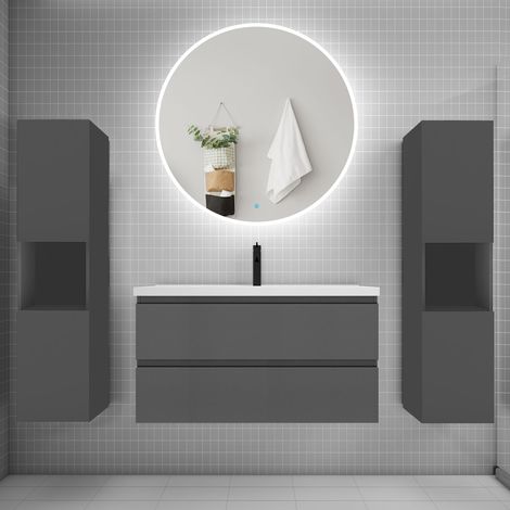 Ensemble meuble vasque L.99cm 2 tiroirs + lavabo + LED miroir rond 100cm + 2colonne,anthracite A (1/5)