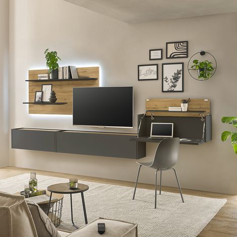 Wohnwand anthrazit mit Eiche CRISP-61 modern 4-teilig mit Homeoffice-Lösung (1/5)