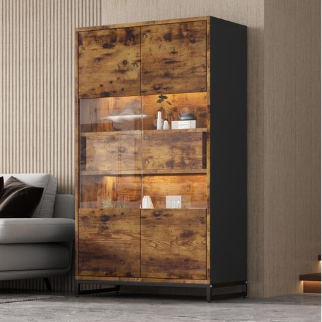 MEUBLIV Vitrine 80x40x138 cm noire et décor bois – LED Bluetooth, 2 tiroirs (1/5)