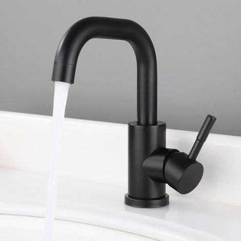 Robinet d'eau chaude et froide noir en acier inoxydable petit robinet de bassin rotatif brossé de salle de bain incurvé