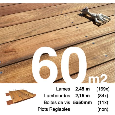 Kit terrasse bois exotique JATOBA pour 60 m² • Lames 2,45 m, lambourdes 2,15 m et visserie Inox • Livraison gratuite (1/4)