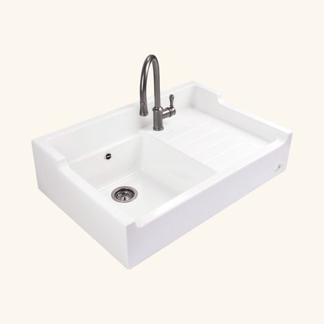 Évier timbre d'office céramique blanc 89x61 cm – 1 bac avec égouttoir à droite – Vidage manuel – Bonde et siphon inclus – Chambord