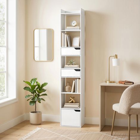 Libreria/mobile contenitore stretto, 32x24x181,5 cm con anta, 2 cassetti e vani a giorno, bianco.