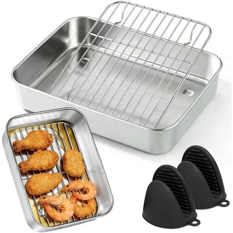 Plat à gratin carré en acier inoxydable pour Airfyer - 20 x 15 x 5 cm - Avec égouttoir et poignées de protection contre la chaleur - Accessoire de friteuse à air chaud - Pour Ninja, Cosori, Philips (1/5)