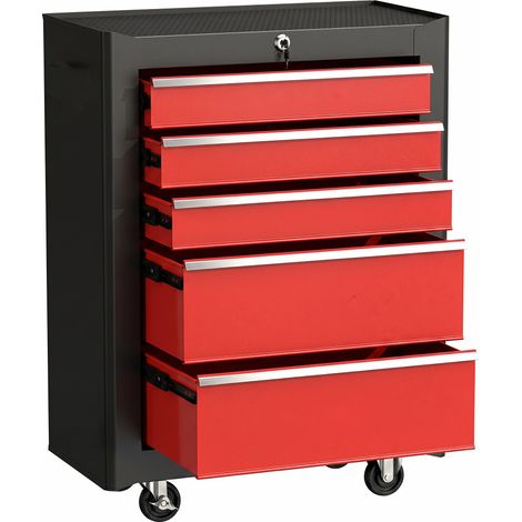 Chariot à outils à 5 tiroirs, tapis EVA, serrure et 2 clés, 4 roues pivotantes, noir et rouge (1/5)